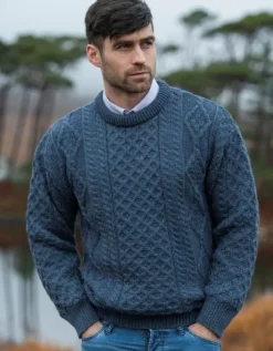 Mens Fisherman Sweaters|Mens Knitwear*Sweater Shop Pure Wool Unisex Aran Sweater Denim