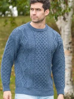 Mens Fisherman Sweaters|Mens Knitwear*Sweater Shop Pure Wool Unisex Aran Sweater Denim