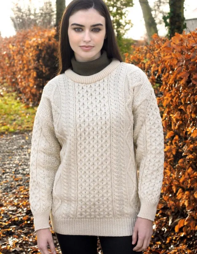 Womens Irish Knitwear|Womens Aran Fisherman Sweaters*Sweater Shop Pure Wool Unisex Aran Sweater Natural