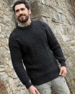 Mens Fisherman Sweaters|Mens Knitwear*Sweater Shop Pure Wool Unisex Aran Sweater Charcoal