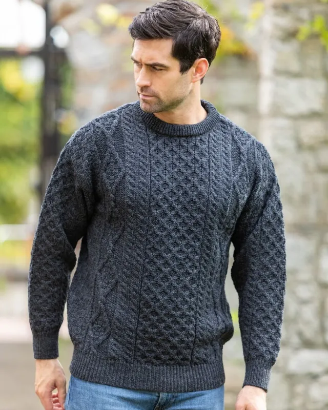 Mens Fisherman Sweaters|Mens Knitwear*Sweater Shop Pure Wool Unisex Aran Sweater Charcoal