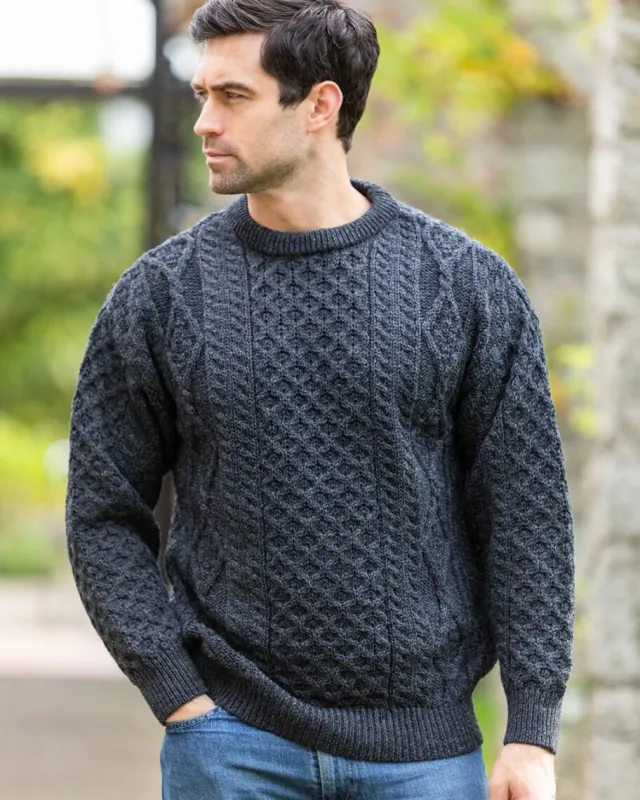 Mens Fisherman Sweaters|Mens Knitwear*Sweater Shop Pure Wool Unisex Aran Sweater Charcoal