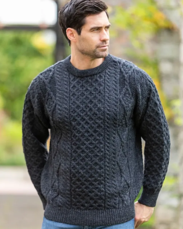 Mens Fisherman Sweaters|Mens Knitwear*Sweater Shop Pure Wool Unisex Aran Sweater Charcoal