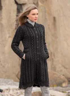 Womens Aran & Tweed Coats|Womens Irish Knitwear*Sweater Shop Scallop Edge Coat CHARCOAL -100% Merino Wool