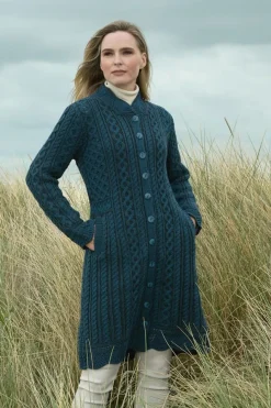 Womens Irish Knitwear|Ladies Cardigans*Sweater Shop Scallop Edge Coat-Mallard Blue
