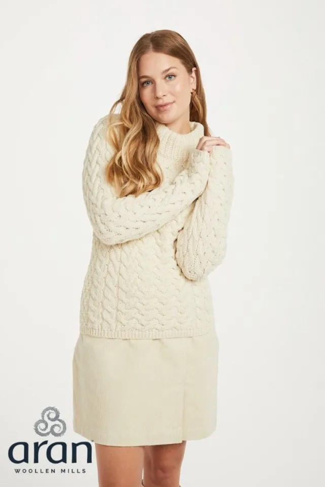 Womens Irish Knitwear|Womens Aran Fisherman Sweaters*Sweater Shop Shaped Crew Neck Sweater Merino Wool Natural