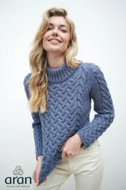 Womens Aran Fisherman Sweaters|Womens Irish Knitwear*Sweater Shop Shaped Crew Neck Sweater Merino Wool Denim Blue