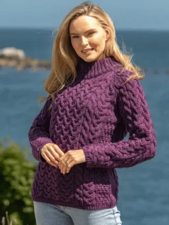 Womens Irish Knitwear|Womens Aran Fisherman Sweaters*Sweater Shop Shaped Crew Neck Sweater Merino Wool Purple