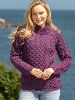 Womens Irish Knitwear|Womens Aran Fisherman Sweaters*Sweater Shop Shaped Crew Neck Sweater Merino Wool Purple