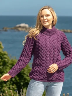 Womens Irish Knitwear|Womens Aran Fisherman Sweaters*Sweater Shop Shaped Crew Neck Sweater Merino Wool Purple
