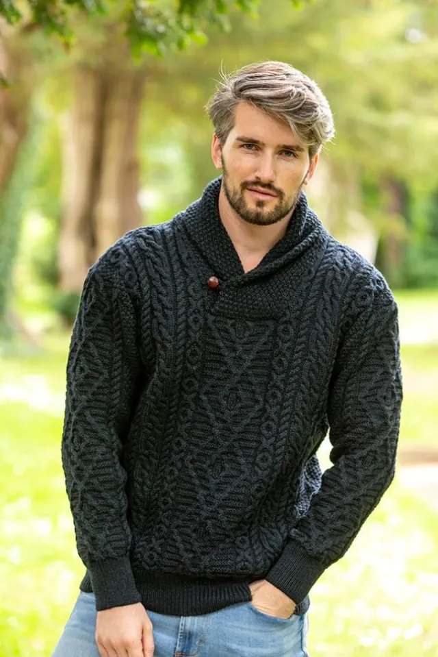 Mens Fisherman Sweaters|Mens Knitwear*Sweater Shop Shawl Neck Aran Sweater Blackwatch