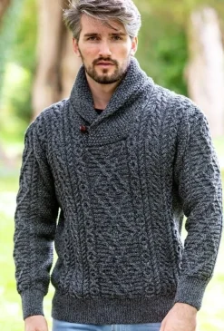 Mens Knitwear|Mens Fisherman Sweaters*Sweater Shop Shawl Neck Aran Sweater Slate