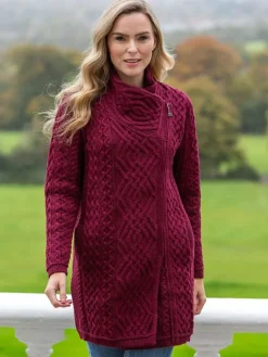 Womens Aran & Tweed Coats|Ladies Cardigans*Sweater Shop Side Zip Aran Coat Burgundy