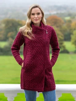 Womens Aran & Tweed Coats|Ladies Cardigans*Sweater Shop Side Zip Aran Coat Burgundy