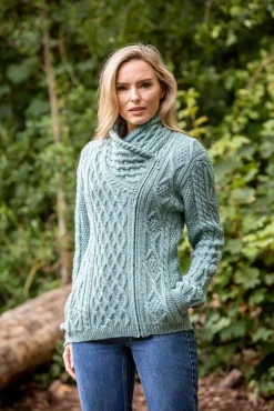 Womens Irish Knitwear|Ladies Cardigans*Sweater Shop Side Zip Cable knit Sweater with Claddagh Zip