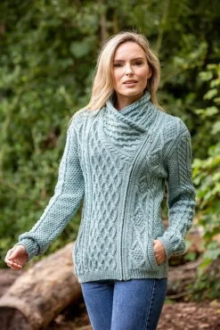 Womens Irish Knitwear|Ladies Cardigans*Sweater Shop Side Zip Cable knit Sweater with Claddagh Zip