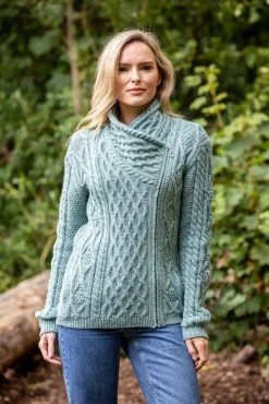 Womens Irish Knitwear|Ladies Cardigans*Sweater Shop Side Zip Cable knit Sweater with Claddagh Zip