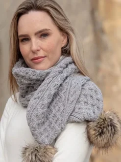 Ladies Aran Scarves*Sweater Shop Silver Pom Pom Aran Scarf