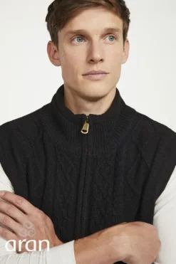 Mens Grandfather Shirts|Mens Aran Cardigans*Sweater Shop Sleeveless Lined Shetland Wool Aran Cardigan black