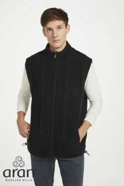 Mens Grandfather Shirts|Mens Aran Cardigans*Sweater Shop Sleeveless Lined Shetland Wool Aran Cardigan black