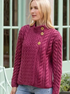 Womens Irish Knitwear|Ladies Cardigans*Sweater Shop Super Soft Aran Button Cardigan Rose
