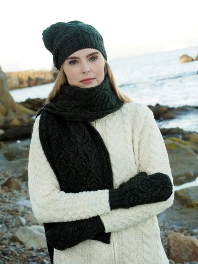 Ladies Aran Scarves|Ladies Aran Scarves*Sweater Shop Super Soft Aran Cable Knit Scarf Green N120