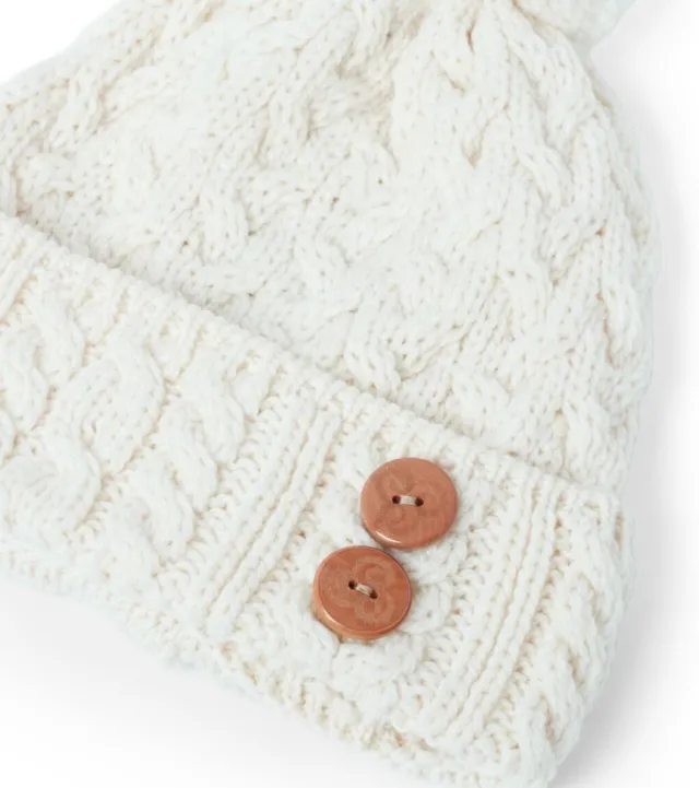 Aran Wool Hats|Ladies Hats*Sweater Shop Super Soft Aran Hat with Triskelion Buttons - natural