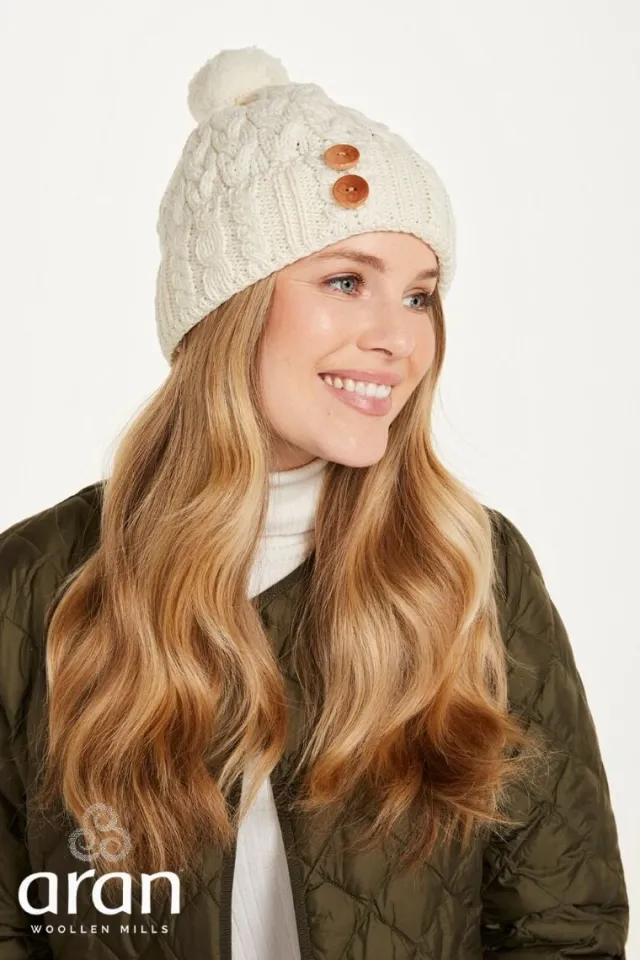 Aran Wool Hats|Ladies Hats*Sweater Shop Super Soft Aran Hat with Triskelion Buttons - natural