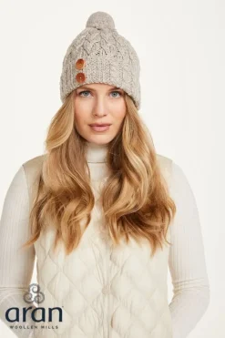 Aran Wool Hats|Ladies Hats*Sweater Shop Super Soft Aran Hat with Triskelion Buttons Oatmeal