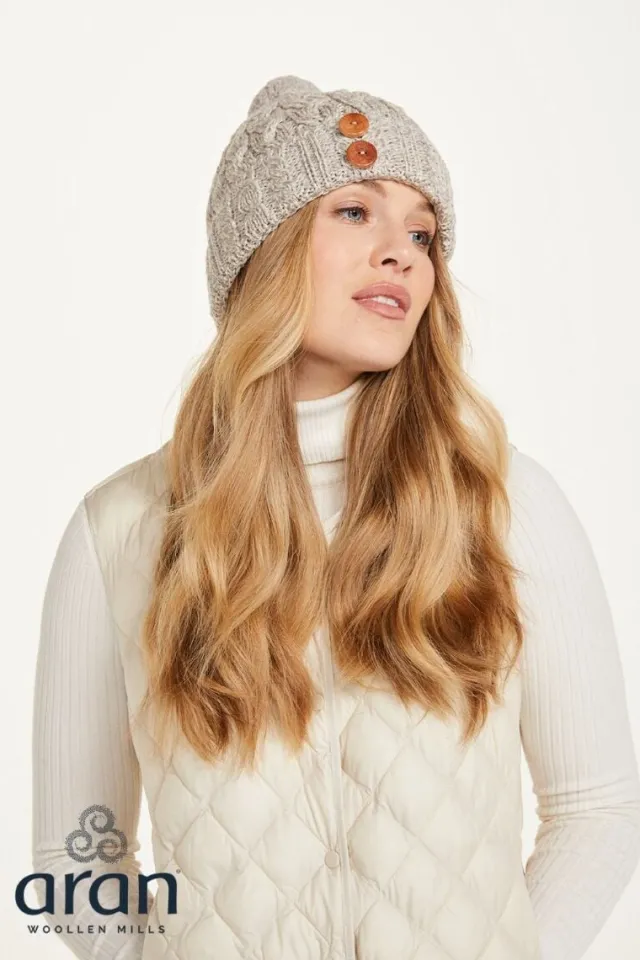 Aran Wool Hats|Ladies Hats*Sweater Shop Super Soft Aran Hat with Triskelion Buttons Oatmeal