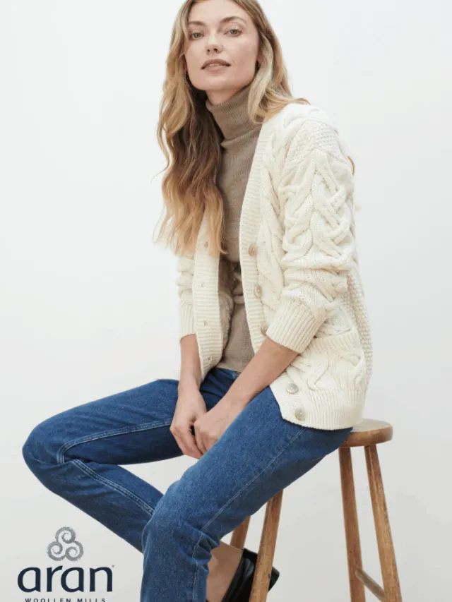 Womens Irish Knitwear|Ladies Cardigans*Sweater Shop Super Soft Aran V Neck Cardigan Natural