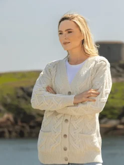Womens Irish Knitwear|Ladies Cardigans*Sweater Shop Super Soft Aran V Neck Cardigan Natural
