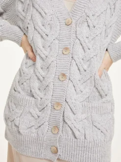 Ladies Cardigans*Sweater Shop Super Soft Aran V Neck Cardigan Silver