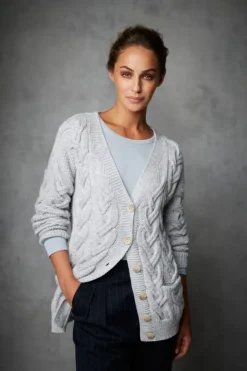 Ladies Cardigans*Sweater Shop Super Soft Aran V Neck Cardigan Silver