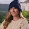 Aran Wool Hats*Sweater Shop Super Soft Cable Knit Hat with pom pom Navy