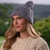Aran Wool Hats*Sweater Shop Super Soft Cable Knit Hat with pom pom Silver