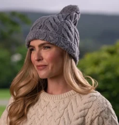 Aran Wool Hats*Sweater Shop Super Soft Cable Knit Hat with pom pom Silver
