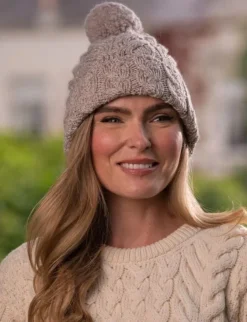 Aran Wool Hats*Sweater Shop Super Soft Cable Knit Hat with pom pom Beige
