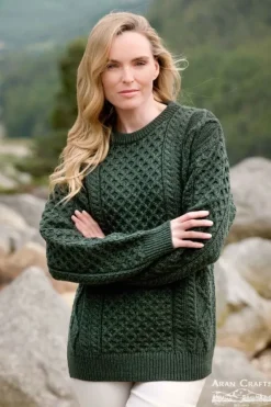 Womens Aran Fisherman Sweaters|Ladies Cardigans*Sweater Shop Super Soft Crew Neck Sweater Green