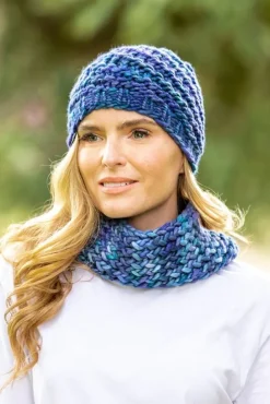 Ladies Merino Wool Scarves|Designer Knitwear*Sweater Shop Super Soft Handmade in Ireland Snood and Spiral Hat Set - Blue Mix
