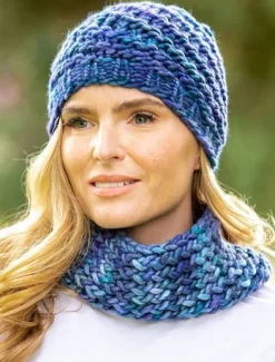 Ladies Merino Wool Scarves|Designer Knitwear*Sweater Shop Super Soft Handmade in Ireland Snood and Spiral Hat Set - Blue Mix