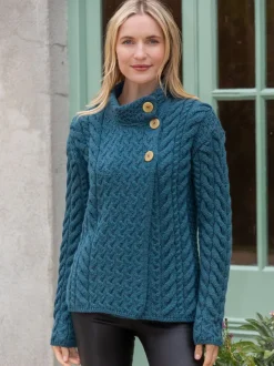 Womens Irish Knitwear|Ladies Cardigans*Sweater Shop Super Soft Merino Wool Aran Cardigan Teal