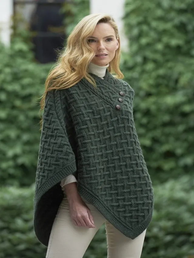 Womens Irish Knitwear|Ladies Aran Ponchos & Capes*Sweater Shop Super Soft Poncho Army Green