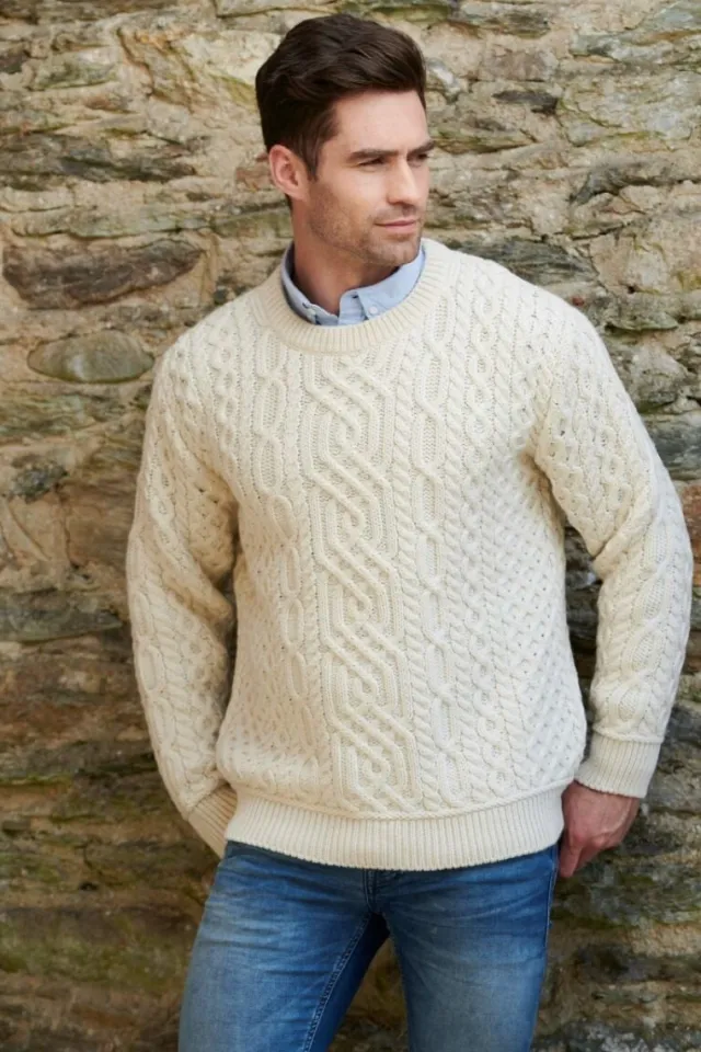 Mens Fisherman Sweaters|Mens Knitwear*Sweater Shop Super Soft Traditional Aran Sweater Natural