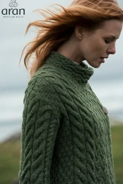 Womens Irish Knitwear|Ladies Cardigans*Sweater Shop Supersoft Aran Cardigan with 3 buttons - Green