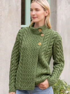 Womens Irish Knitwear|Ladies Cardigans*Sweater Shop Supersoft Aran Cardigan with 3 buttons - Green