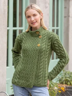 Womens Irish Knitwear|Ladies Cardigans*Sweater Shop Supersoft Aran Cardigan with 3 buttons - Green