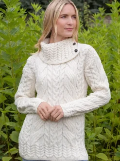 Womens Irish Knitwear|Cashmere And Merino Wool Sweaters*Sweater Shop Supersoft Button Neck Sweater - Natural