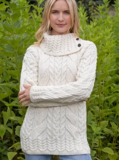 Womens Irish Knitwear|Cashmere And Merino Wool Sweaters*Sweater Shop Supersoft Button Neck Sweater - Natural