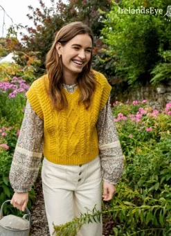 Womens Irish Knitwear*Sweater Shop Sweetpea V Neck Aran Vest Sunflower